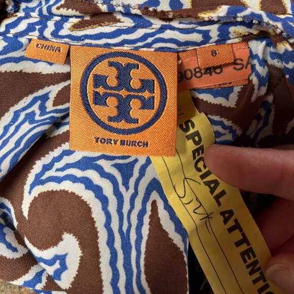 Tory Burch Carolinna Brown Silk Sleeveless Tuxedo Blouse Pleated Ruffle Front - Picture 2 of 10